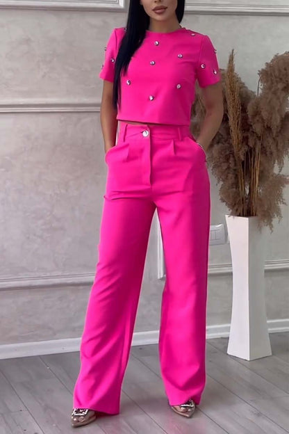 Stylish diamond embellished top and pants set Pink