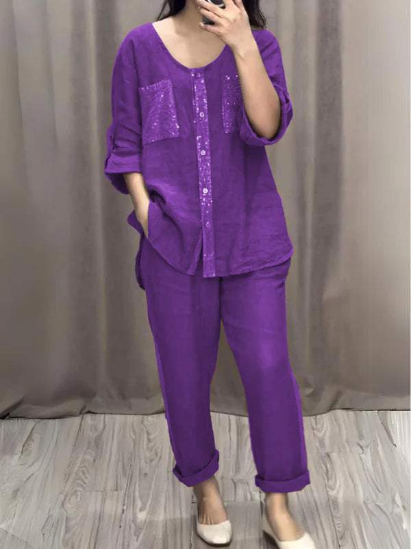 Cotton and Linen Sequined Round Neck Mid-sleeve Two-piece Suit purple