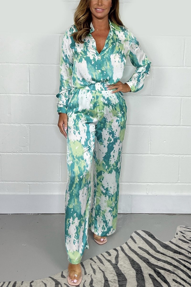 Satin casual print suit Green