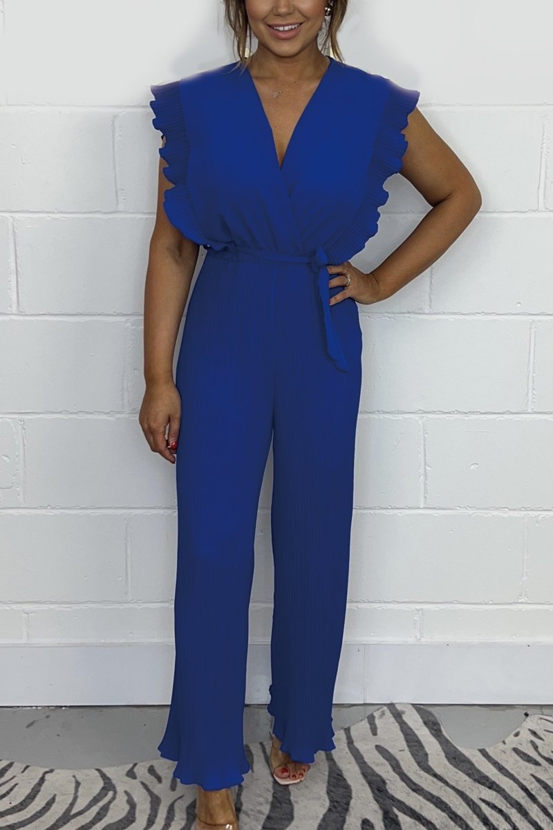 Tie Waist Pleated Leg Jumpsuit Blue