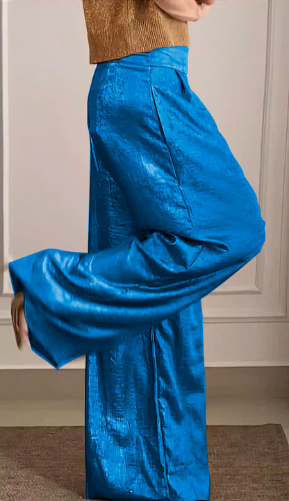 Women's Smooth Satin Half-sleeved Top and Pant Suit Two-piece pant colorful blue