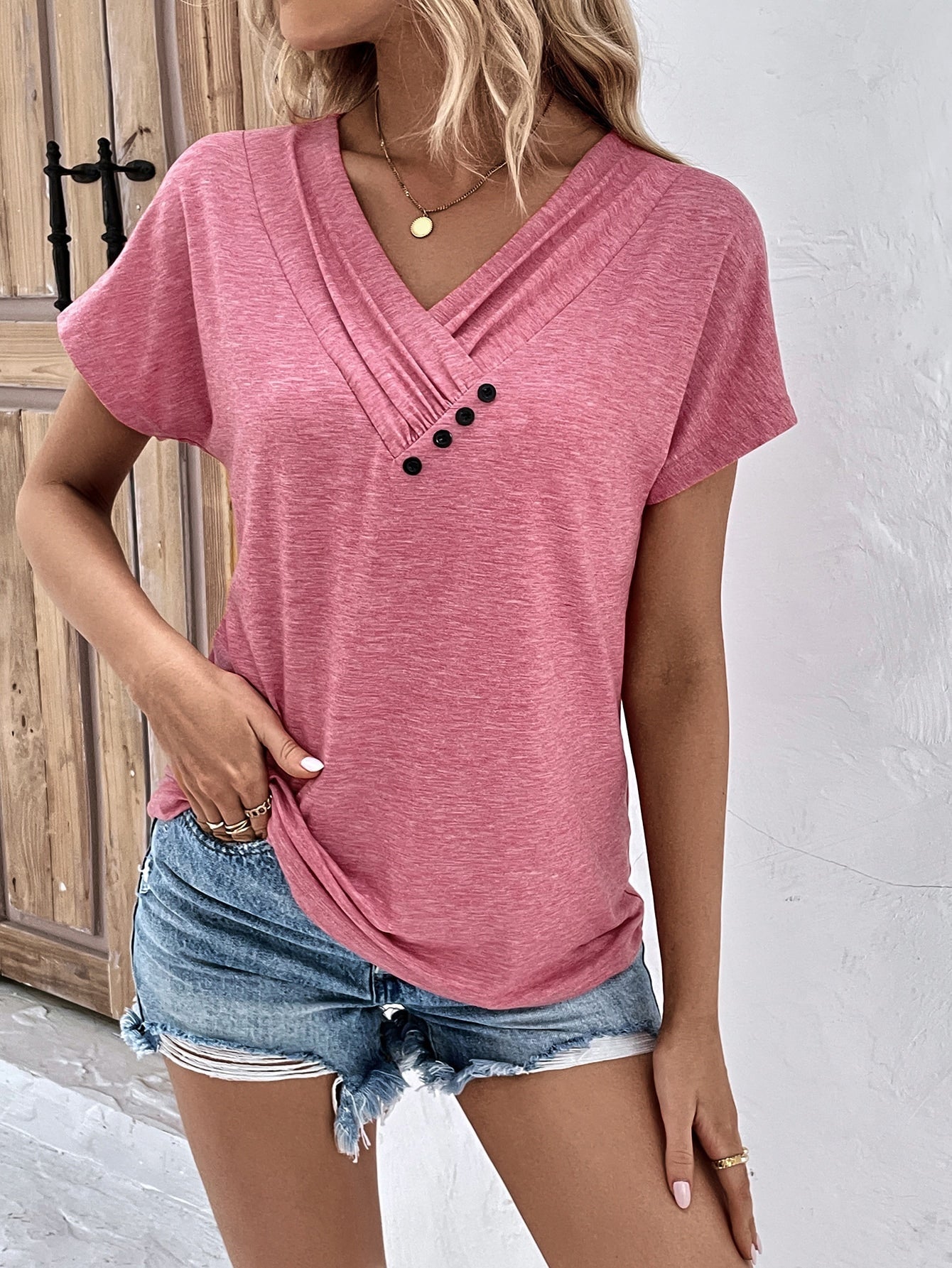 Button Detail V Neck Tee