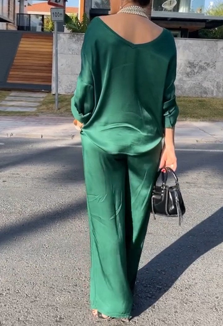 Round Neck Satin Mid-sleeve Two-piece Suit