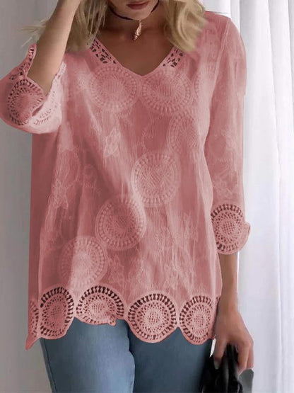 Casual V-neck Lace Hollow Top Pink