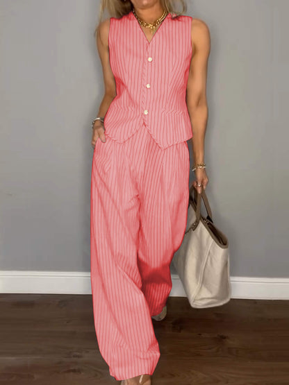 Casual V-neck Striped Two-piece Suit Rose red