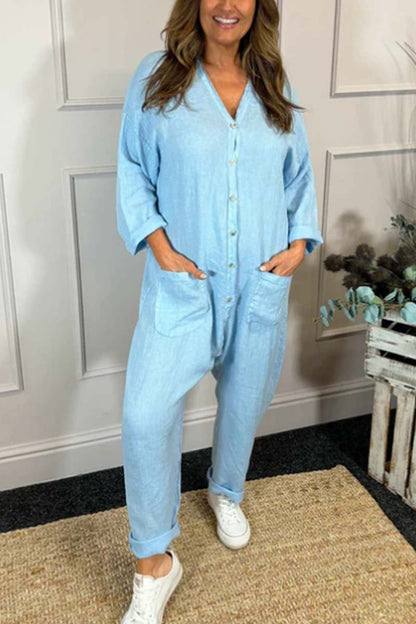 Women's casual V-neck cotton and linen long-sleeved jumpsuit