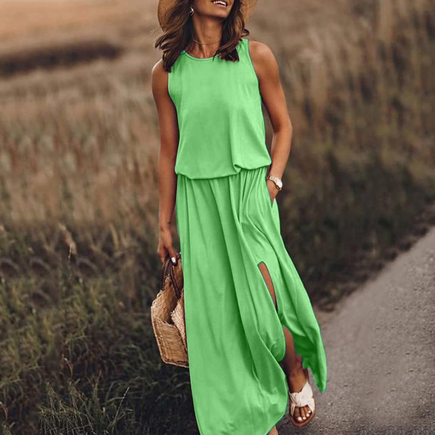 Women Vintage Boho Sleeveless Round Neck Solid Maxi Weaving Dress Light green