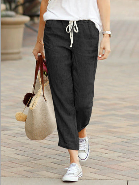 Solid Color Loose Casual Cotton and Linen Cropped Pants Black