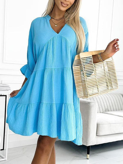 V-neck Solid Color Patchwork Loose Dress