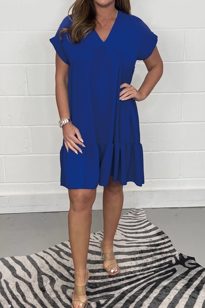 V-neck rolled sleeve dress Blue