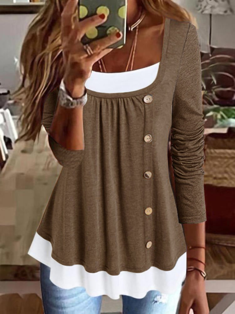 Casual Plain Button-Embellished Long-Sleeve Sweatshirts Brown