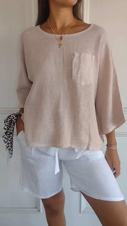 Women's Round Neck Mid-sleeve Cotton and Linen Top Apricot