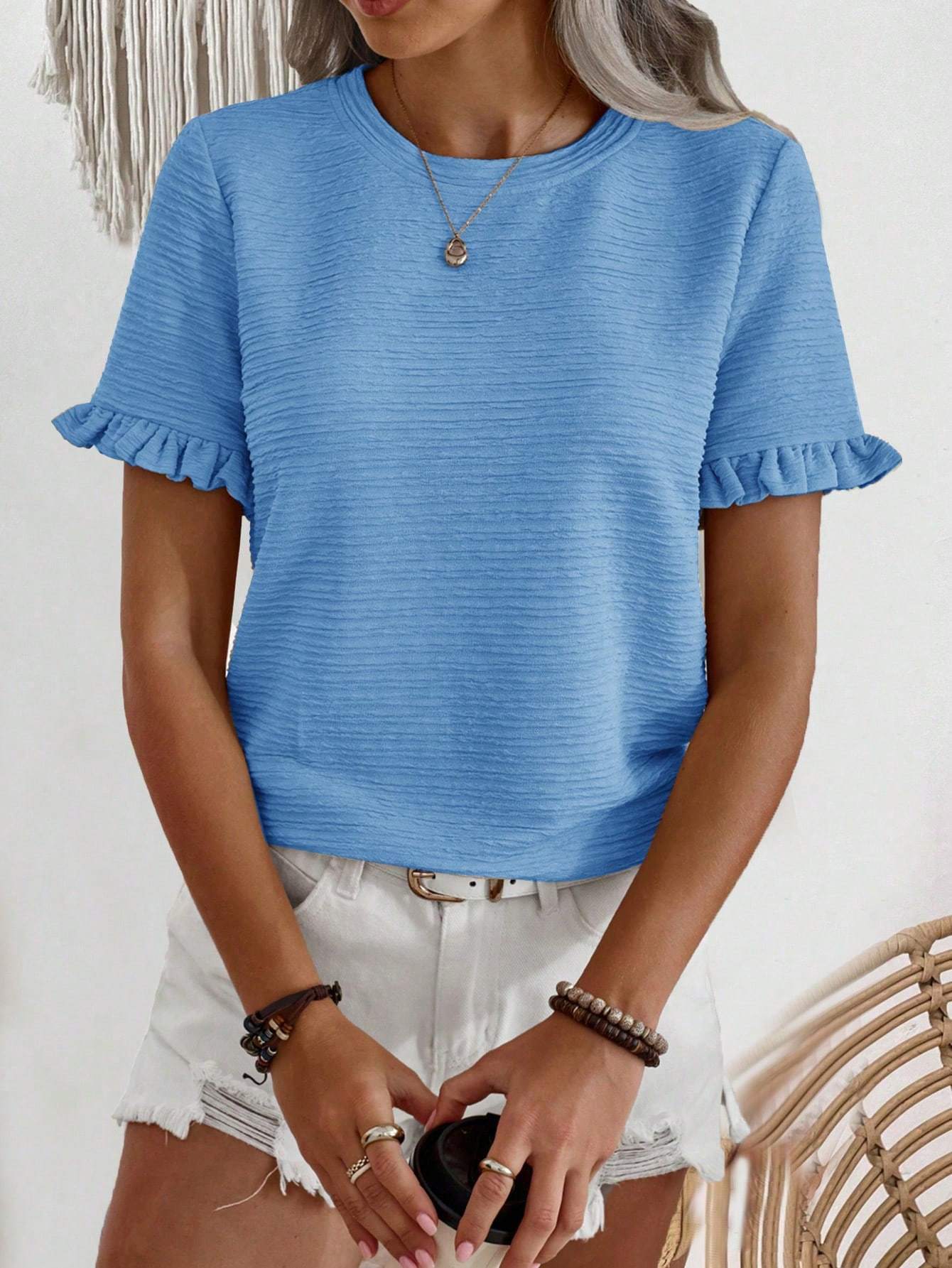 Round Neck Short Sleeve Fungus Casual Top blue