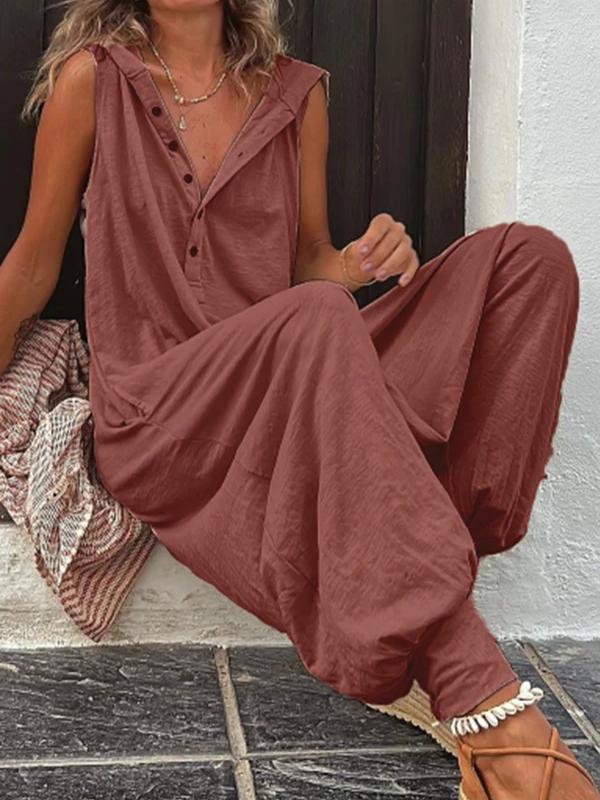 Hooded Sleeveless Trousers Jumpsuit Baggy Pants red