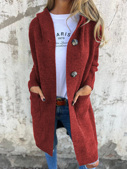 Hooded Knitted Long Cardigan Jacket red