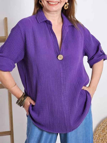 Women's Lapel Solid Color Cotton and Linen Top