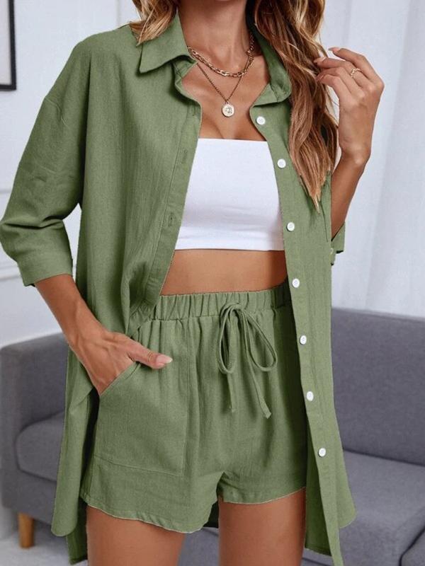 Women's Cardigan Solid Color Button Front Drop Shoulder Shirt Suit Green