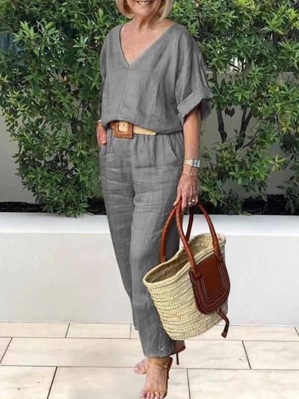 Women's V-neck Casual Cotton and Linen Top and Pants Suit Grey