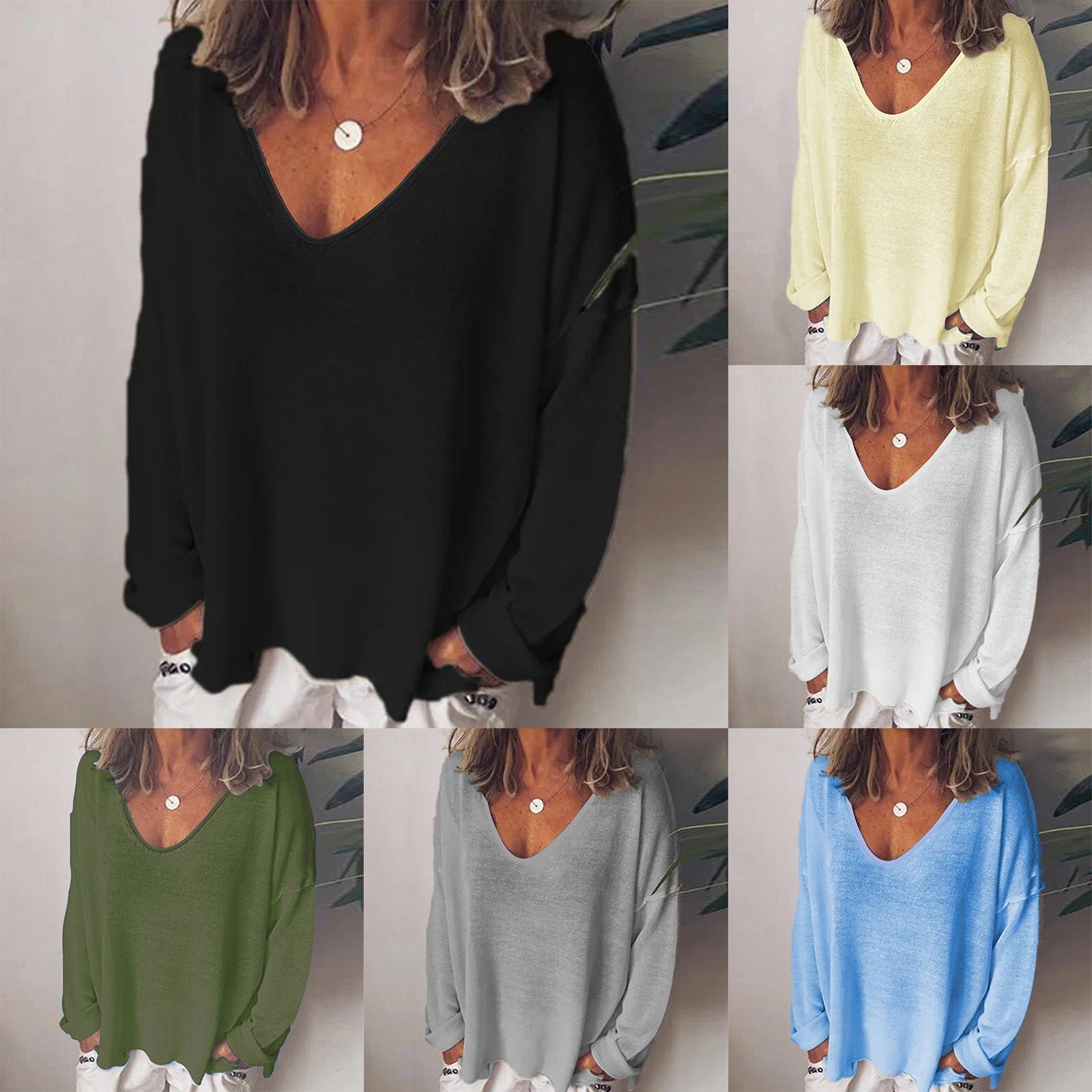 Solid color V-neck long sleeve T-shirt