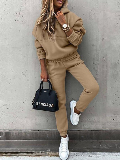 Women's Casual Solid Color Hoodie Hooded Fashion Long-sleeved Pants Suit Khaki