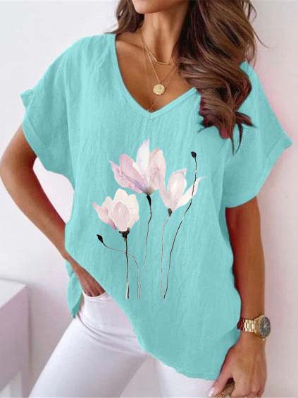 Summer Loose Short Sleeve V Neck Casual Plain Blue Linen Top Cyan