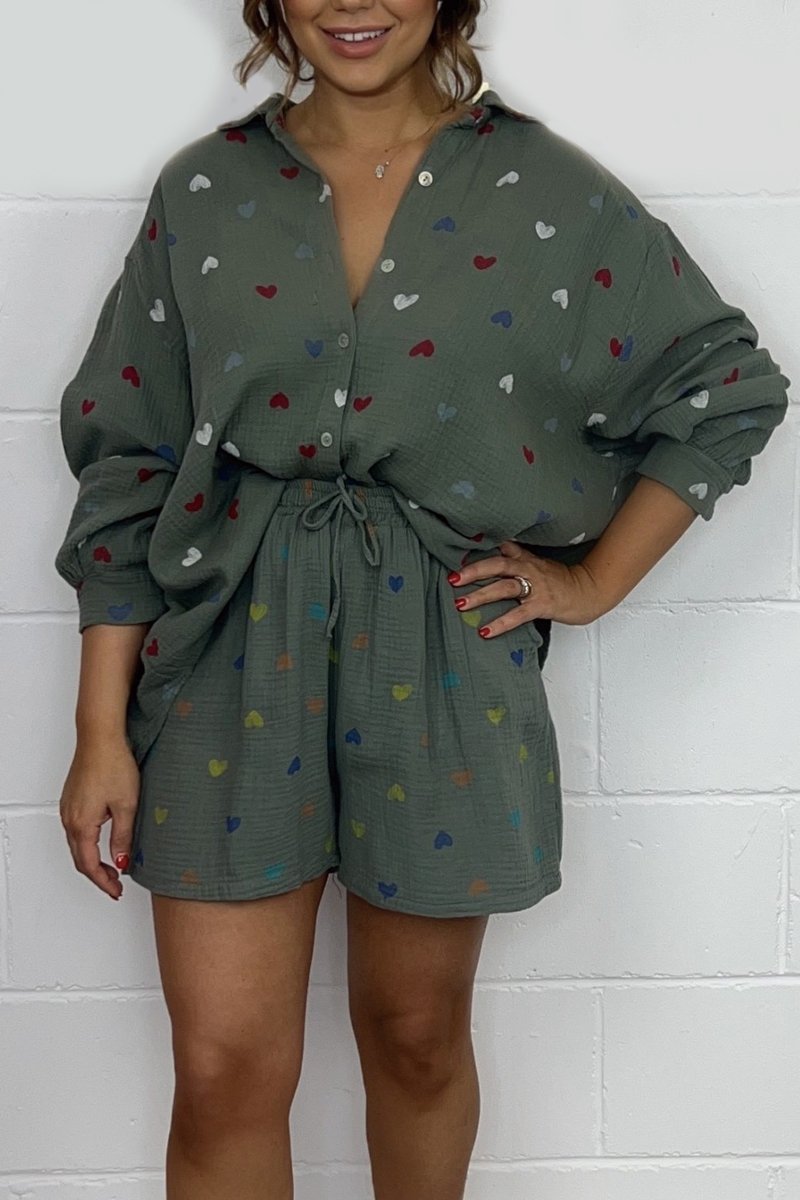 Heart Print Shirt & Shorts Co-Ord Army green