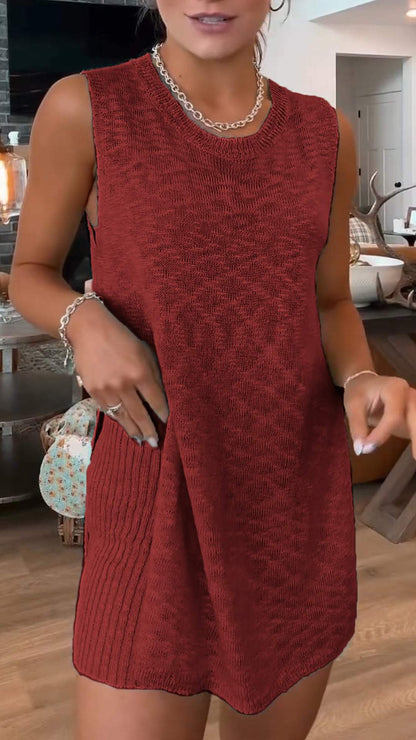 Round Neck Knitted Sleeveless Versatile Casual Suit burgundy