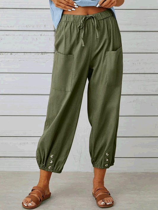 Women's Linen Cotton Pocket Ruffle Casual Pants Wide Leg Pants Army Green