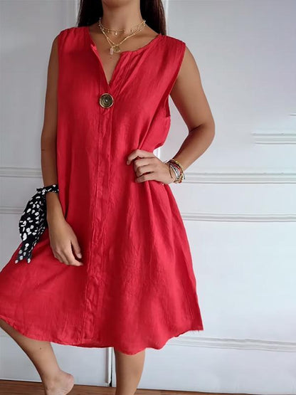 Women's Cotton and Linen Button Design V-neck Sleeveless Dress red