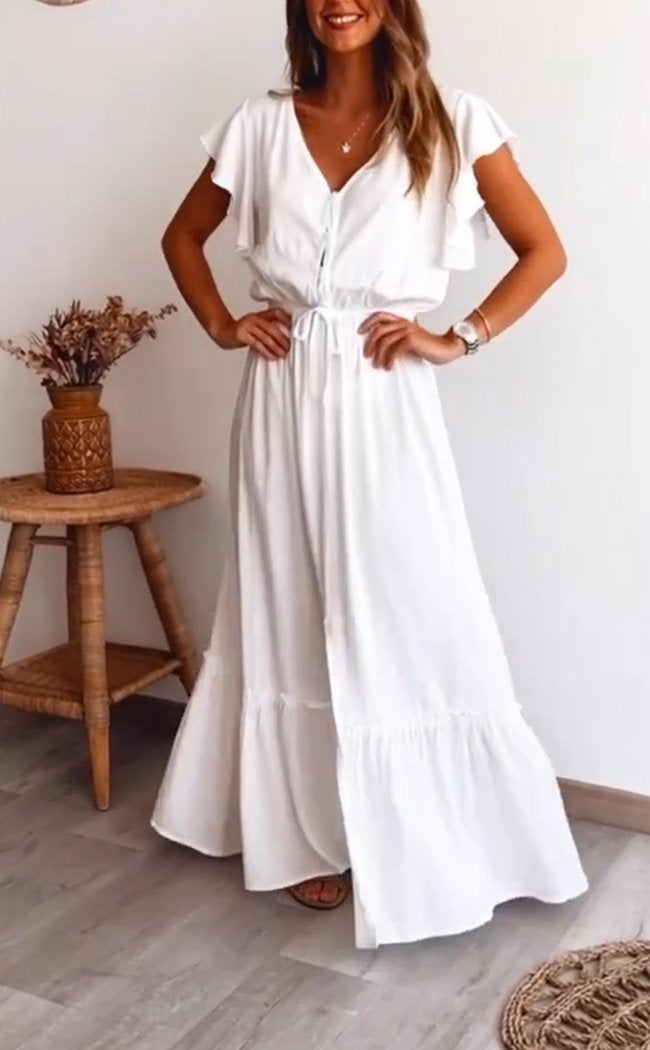 Casual V-neck Belted Dress white