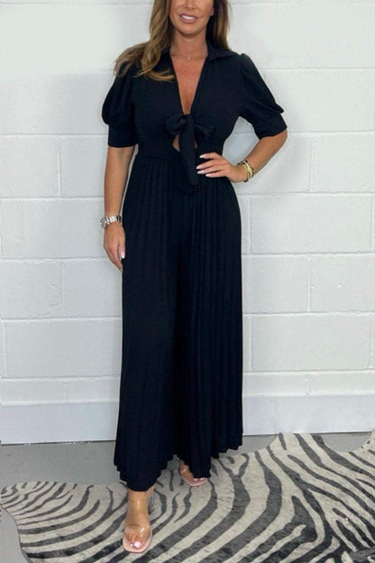 Pleated pure color jumpsuit Black