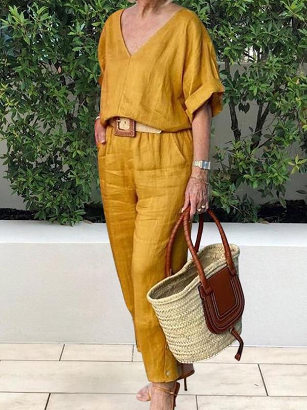 Women's V-neck Casual Cotton and Linen Top and Pants Suit Yellow