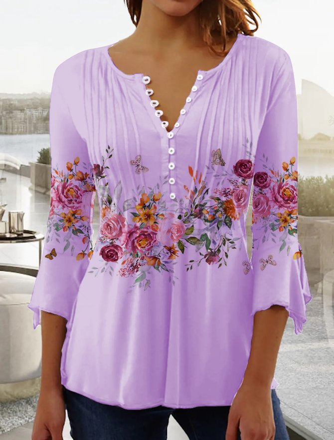 Women's Ethnic Casual V-neck A-Line Tops Purple