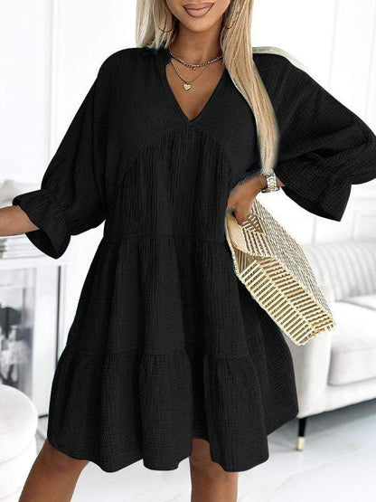 V-neck Solid Color Patchwork Loose Dress black