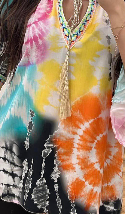 Ethnic Embellished Webbing Tie-dye Shirt