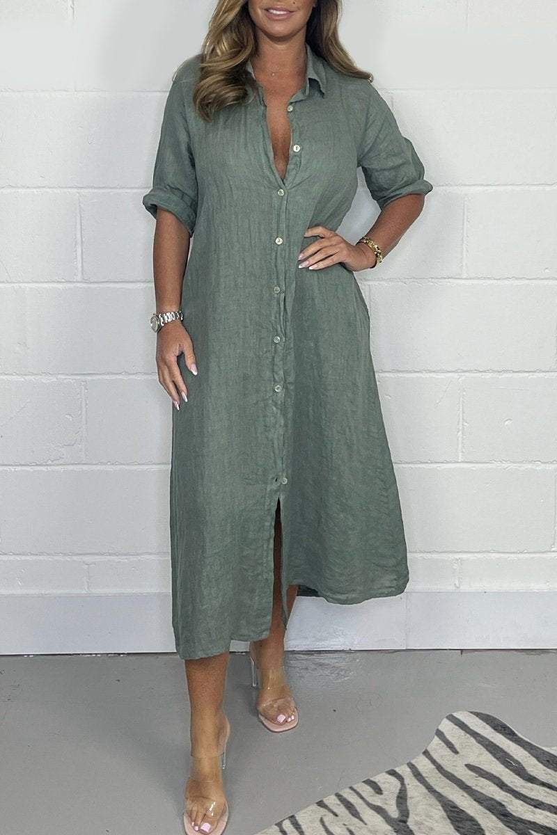 Casual solid color shirt dress Army green