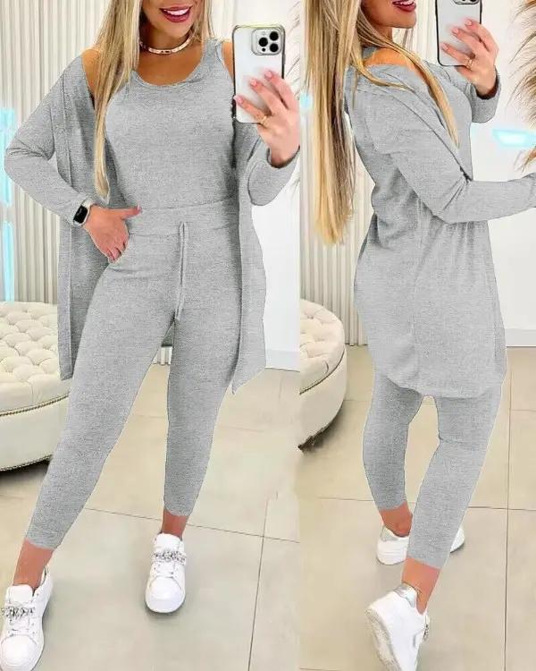 Women's Round Neck Tank Top & Drawstring Pants Set With Coat Grey