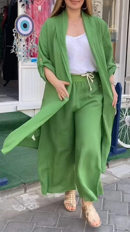 Hollow Stitching Long Cardigan Two-piece Suit Green