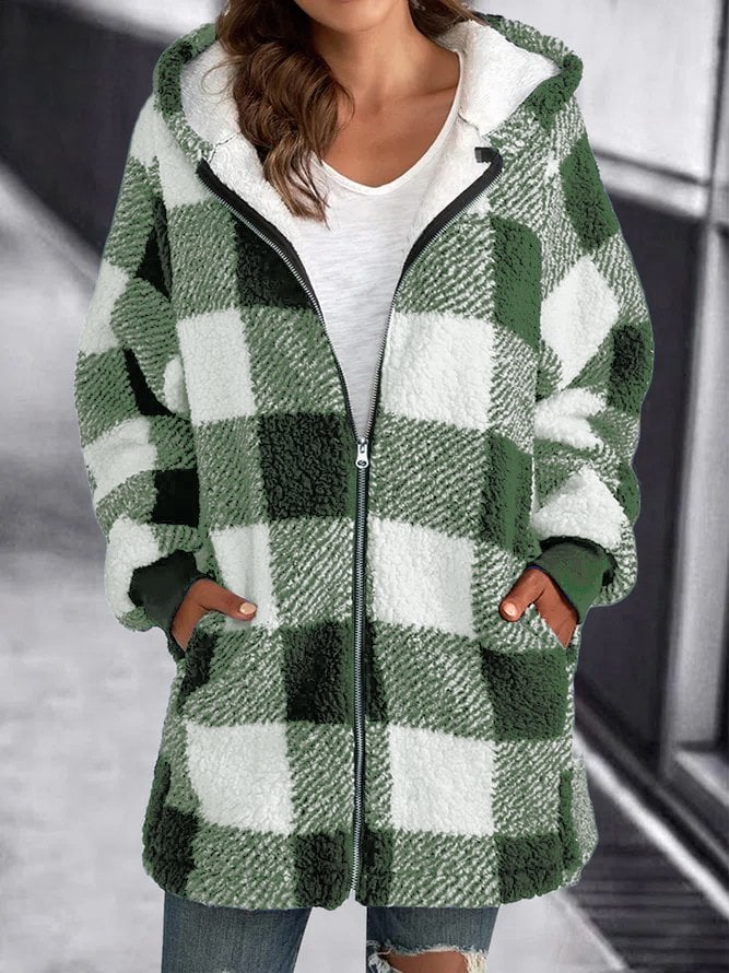 Women Oversized Hoodie Plaid Loose Overcoat Light green