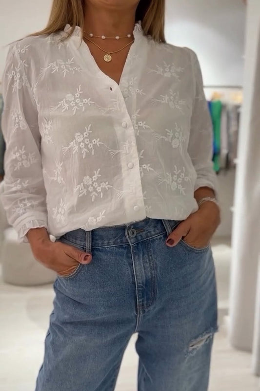 Embroidered cotton and linen shirt White