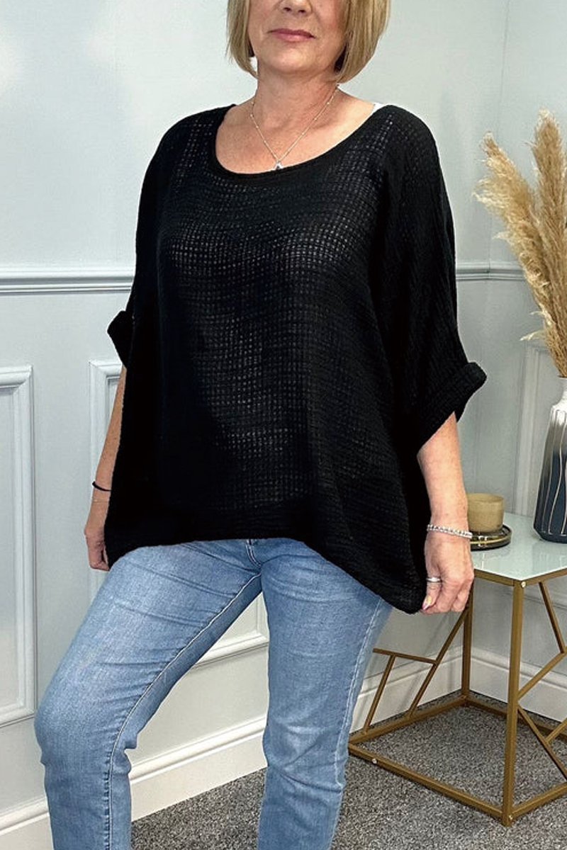 Solid color thin knitted blouse Black