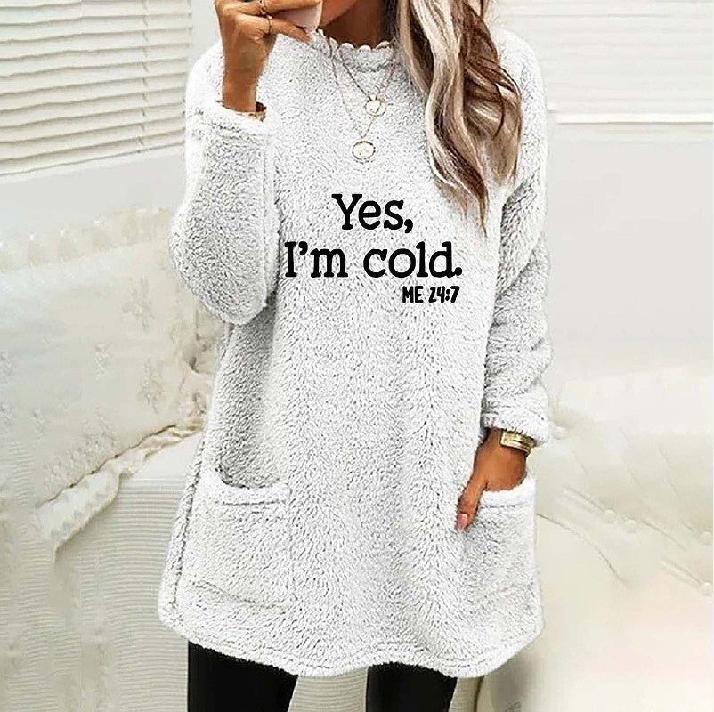 Loose Long Sleeve Printed Crew Neck Pullover Pocket Sweatshirt White