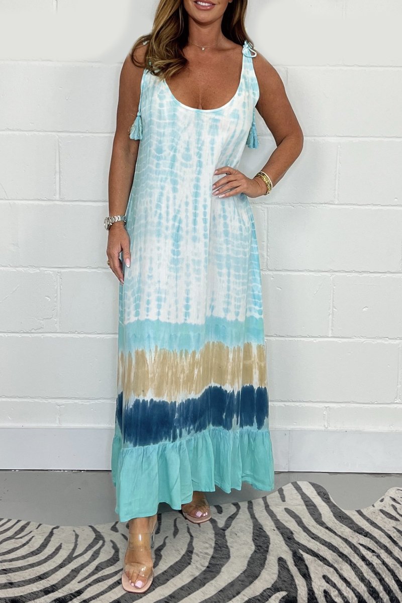 Tye Dye Maxi Dress Tan and Blue