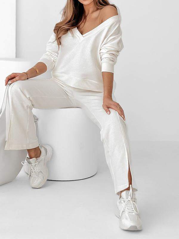 Casual V-neck Long-sleeved Top and Pants Suit