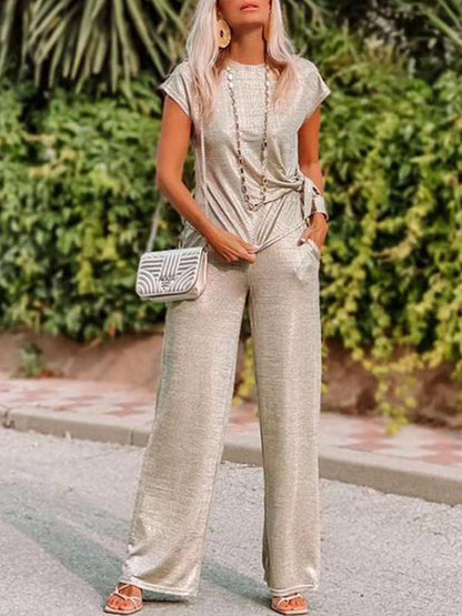 Casual Tops and Pants Two-piece Set Gold