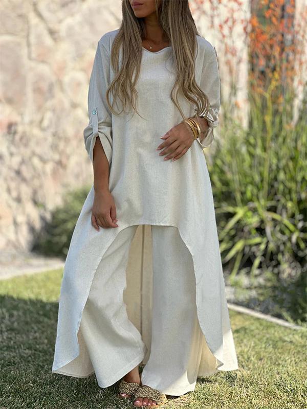 Cotton and Linen Irregular Long-sleeved Wide-leg Pants Two-piece Suit White