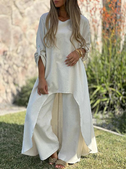 Cotton and Linen Irregular Long-sleeved Wide-leg Pants Two-piece Suit White