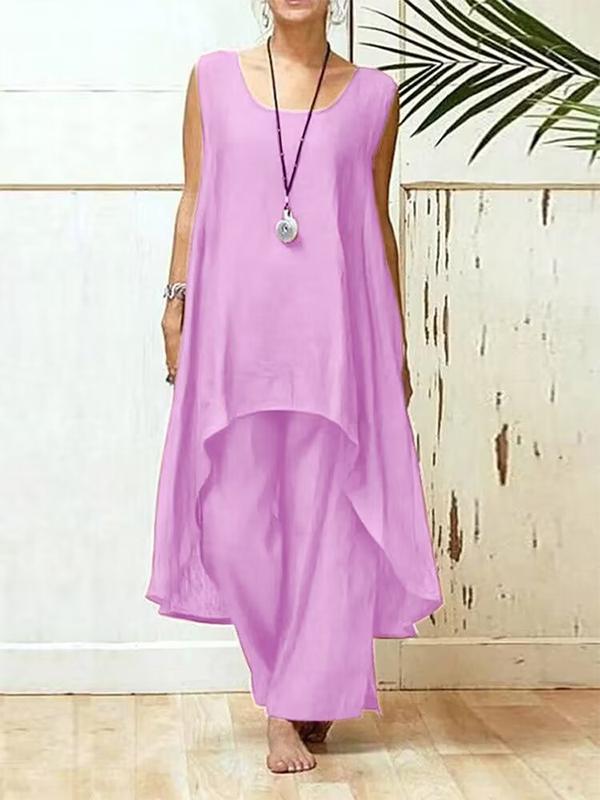 Cotton and Linen Casual Sleeveless Wide-leg Pants Two-piece Set Purple