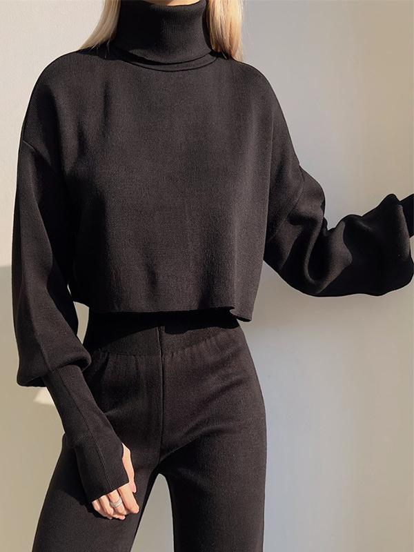 Casual Hoodie with High Neck, Loose Long-sleeved Trousers and Two-piece Set Black