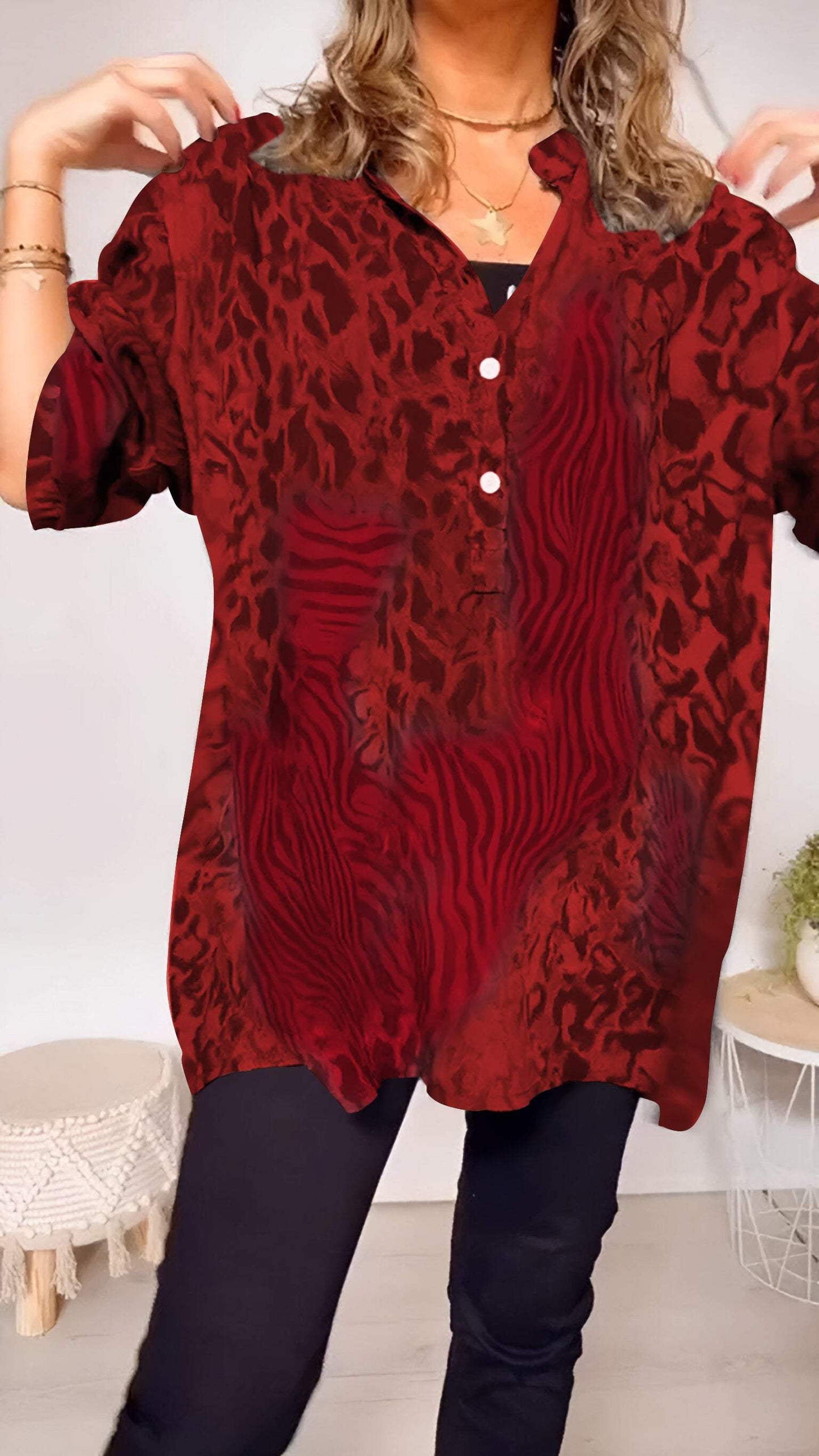 Women's V-neck Leopard Print Mid-sleeve Casual Top